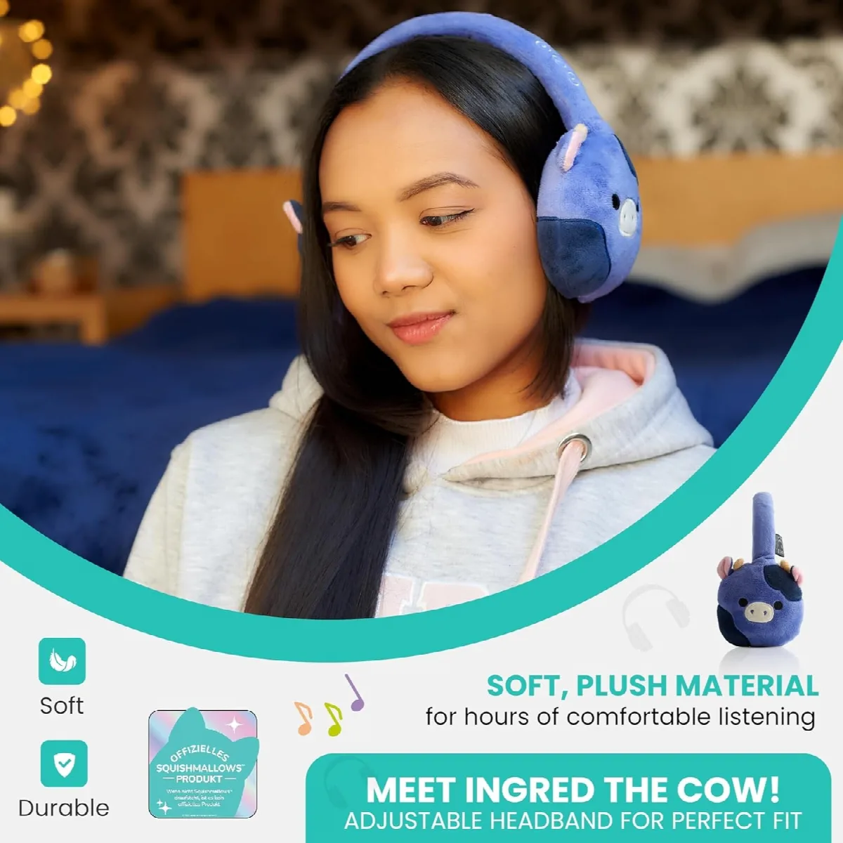 Lazerbuilt Squishmallows Ingred The Cow – Λούτρινα Ασύρματα Παιδικά Ακουστικά με Μικρόφωνο – εικόνα 2