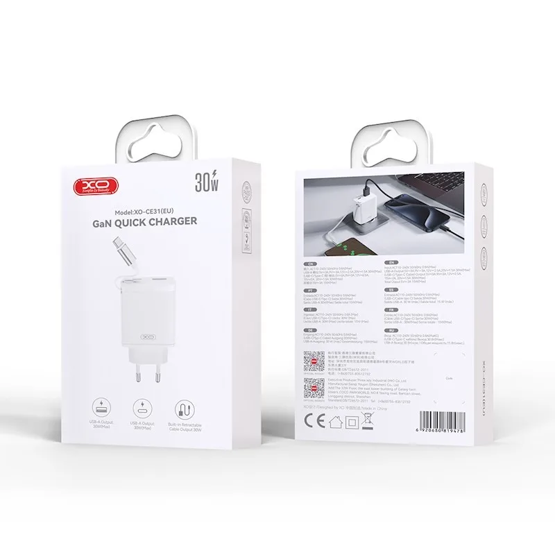 XO Wall Charger CE31 1xUSB-A, 1x USB-C 30W - Φορτιστής Ταχείας Φόρτισης Τοίχου Ταξιδίου με αναδιπλούμενο καλώδιο – εικόνα 2