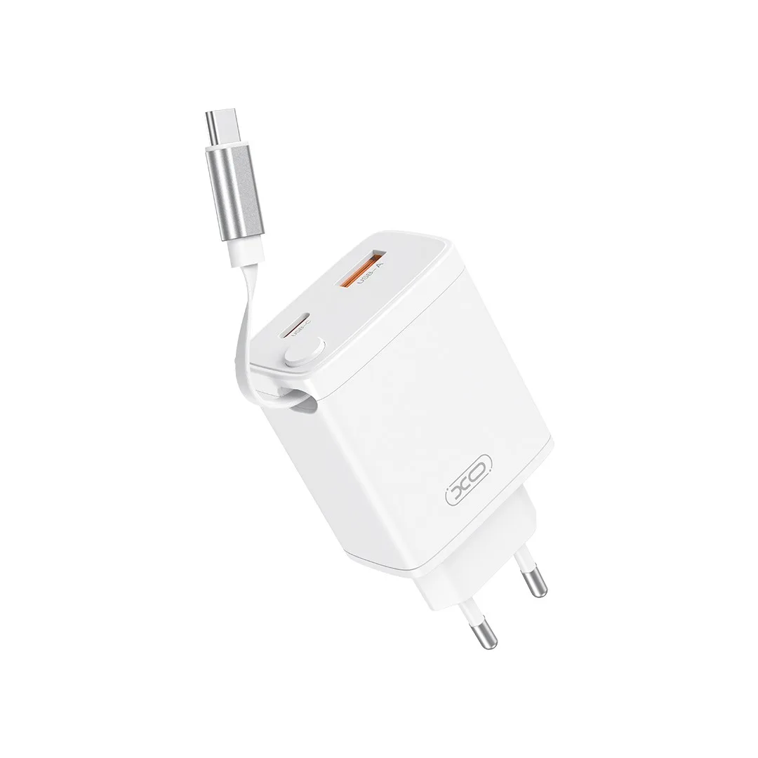XO Wall Charger CE31 1xUSB-A, 1x USB-C 30W - Φορτιστής Ταχείας Φόρτισης Τοίχου Ταξιδίου με αναδιπλούμενο καλώδιο