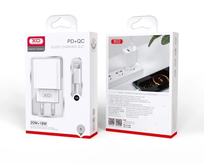 XO CE02A Φορτιστής Τοίχου 20W με Power Delivery & Quick Charge 3.0 – 2 Θύρες USB-A & USB-C + Καλώδιο USB-C σε Lightning