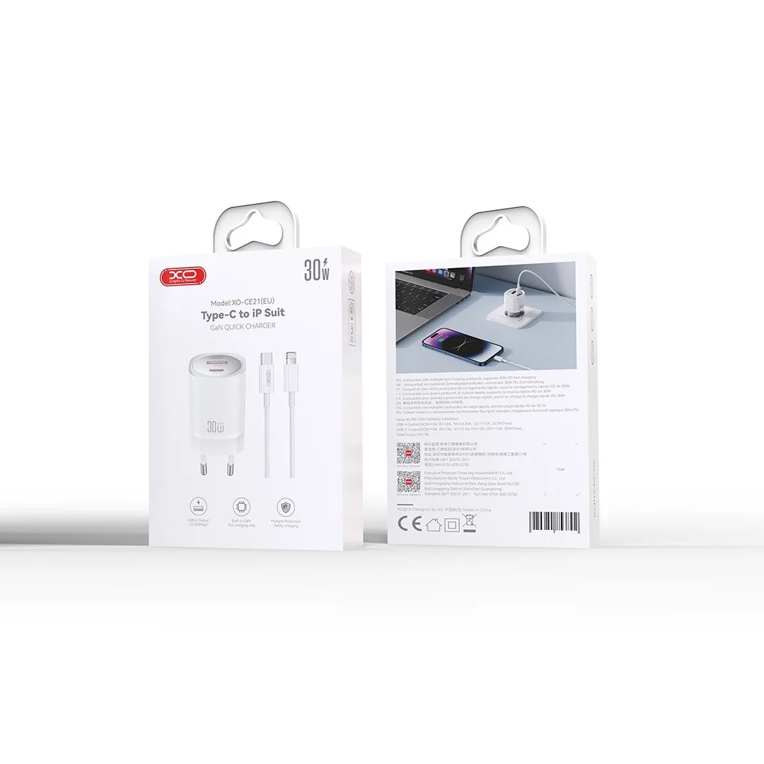 XO Wall Charger CE21 1xUSB-A, 1x USB-C 30W – Φορτιστής Ταχείας Φόρτισης Τοίχου Ταξιδίου με καλώδιο USB-C / Lightning – εικόνα 2
