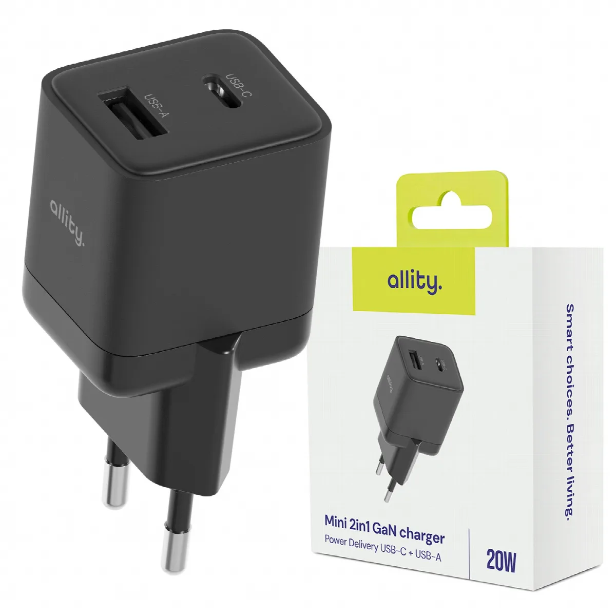 Φορτιστής τοίχου Allity GaN PD QC ATC-01-20WAC 1x USB-c 1x USB-a 20W μαύρος – εικόνα 3