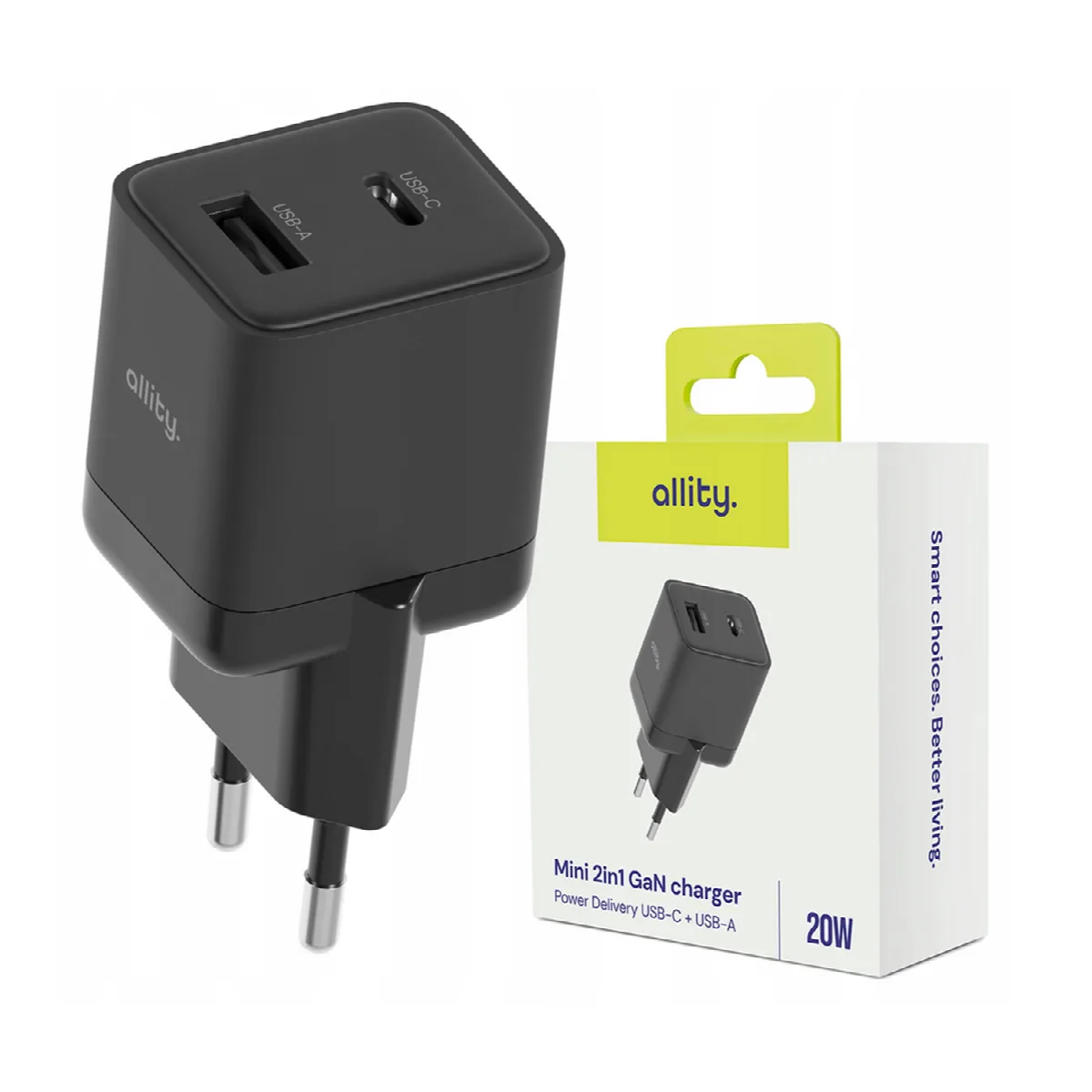 Φορτιστής τοίχου Allity GaN PD QC ATC-01-20WAC 1x USB-c 1x USB-a 20W μαύρος