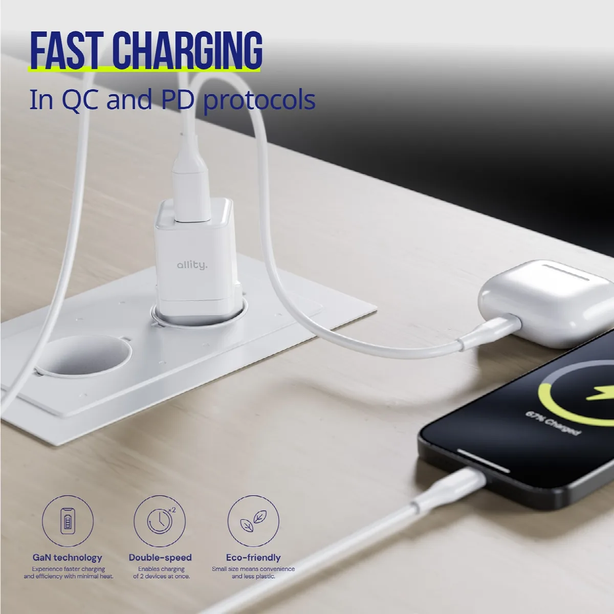 Φορτιστής τοίχου Allity GaN PD QC ATC-01-20WAC 1x USB-c 1x USB-a 20W λευκός – εικόνα 3