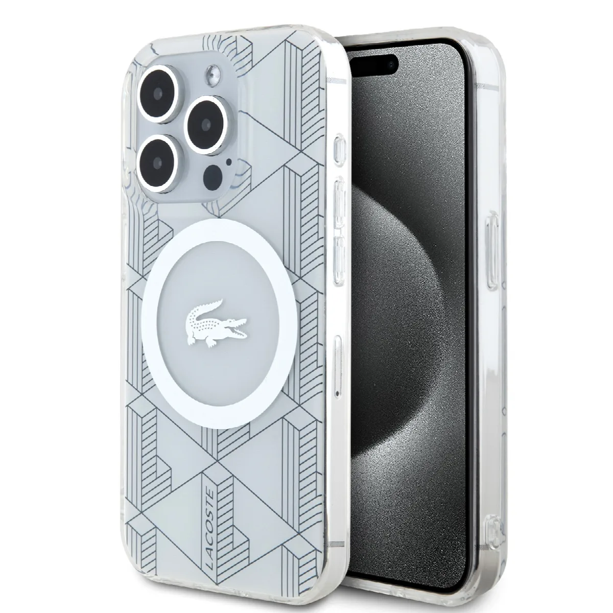 Lacoste Magsafe Monogram Croc Logo Hard Case Θήκη προστασίας από Σιλικόνη για iPhone 15 Pro Farine/Silver