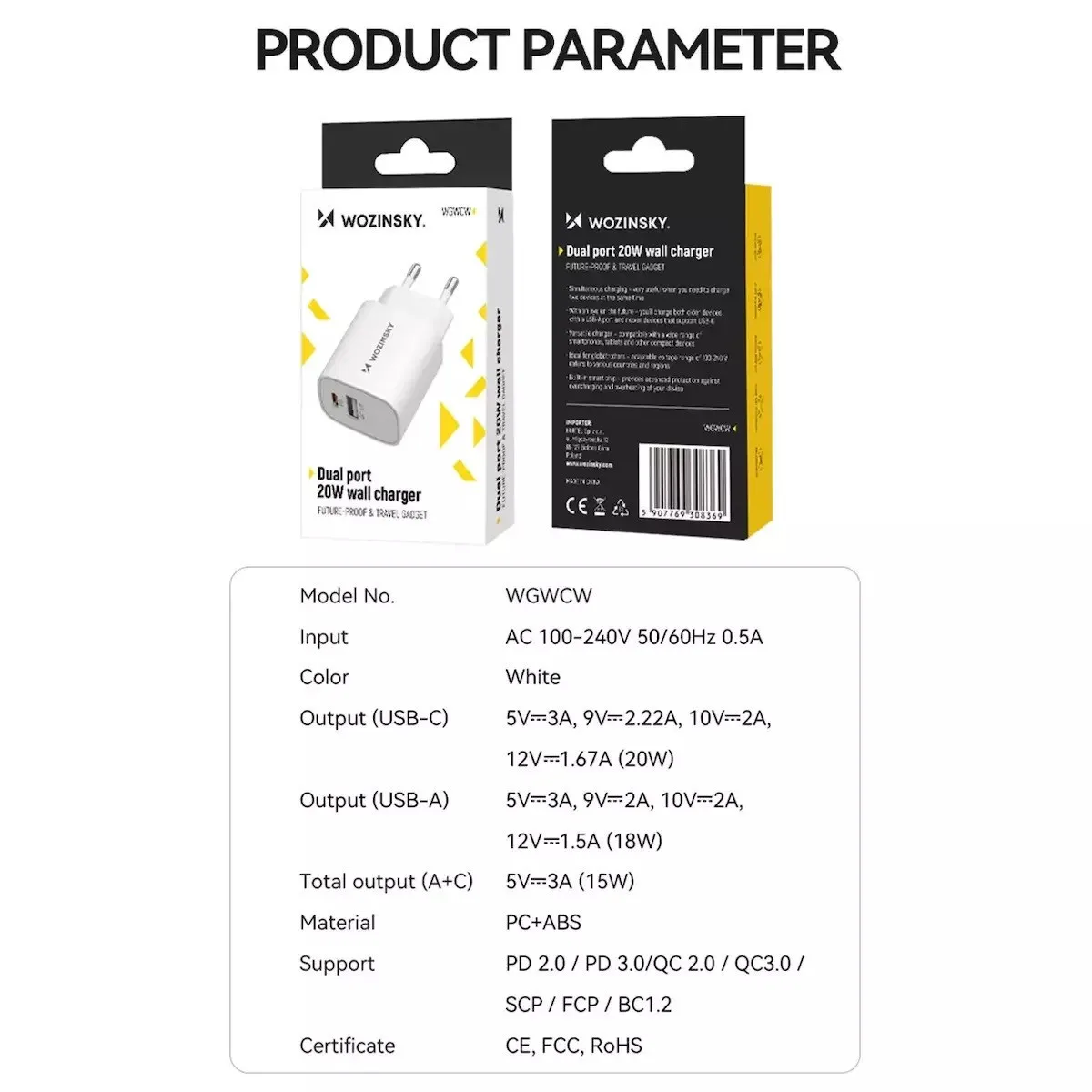 Wozinsky (WGWCW) Φορτιστής Τοίχου USB-C & USB-A 20W - Λευκό – εικόνα 2