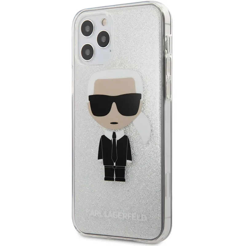 Θήκη Apple iPhone 12 / 12 Pro - Karl Lagerfeld Ikonik Glitter Case Karl's Head - Glitter Silver