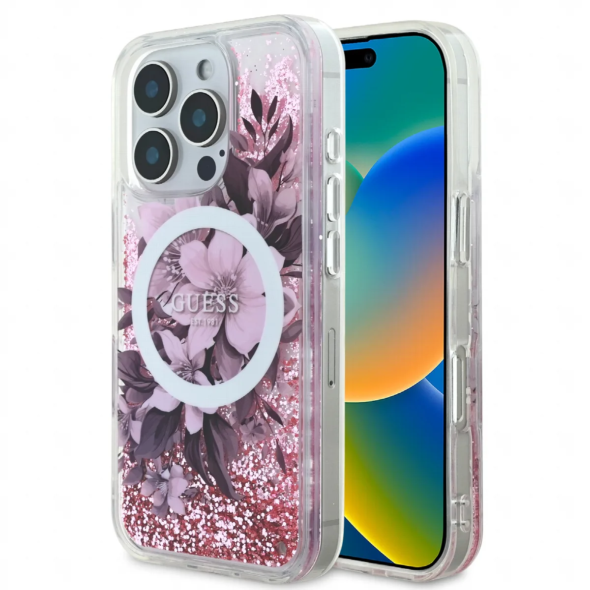 Guess Magsafe “Liquid Glitter Flower" Hard Case Θήκη προστασίας από σκληρό πλαστικό – iPhone 16 Pro Ροζ – GUHMP16LLFMWTP