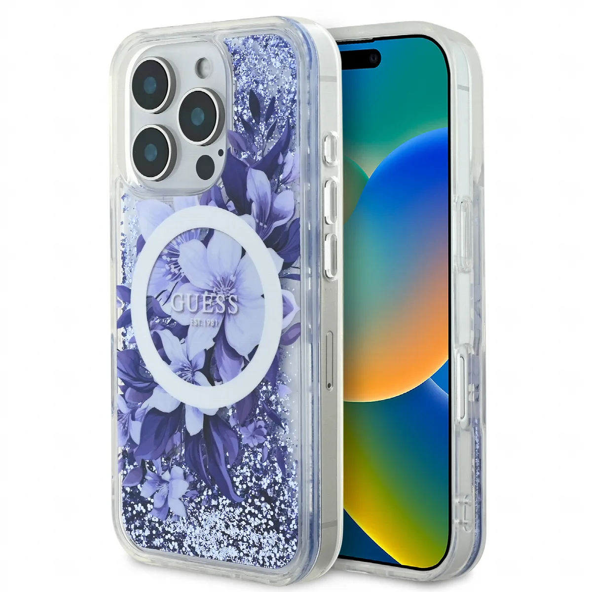 Guess Magsafe “Liquid Glitter Flower" Hard Case Θήκη προστασίας από σκληρό πλαστικό – iPhone 16 Pro Μωβ – GUHMP16LLFMWTU