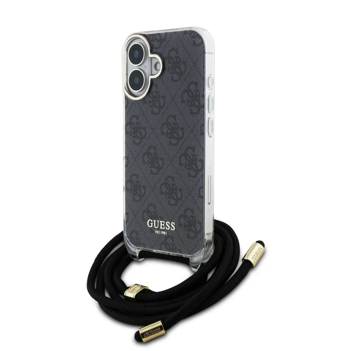 Guess "4G Logo Collection" Crossbody Hard Case Script Metal Logo Θήκη προστασίας από σιλικόνη με λουράκι – iPhone 16 Μαύρο – GUH