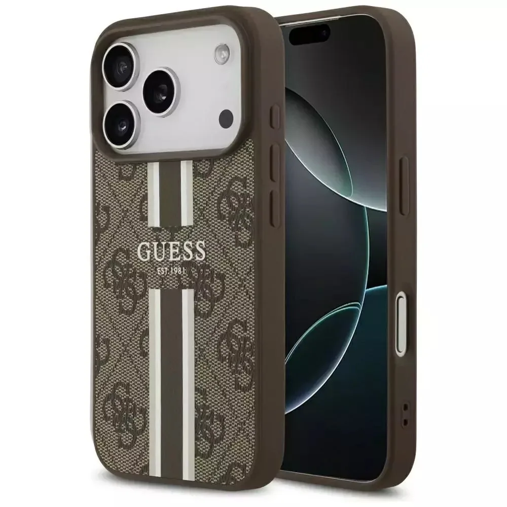 Θήκη Guess 4G Printed Stripes MagSafe με Επένδυση Συνθετικού Δέρματος για iPhone 17 Pro Max - Καφέ