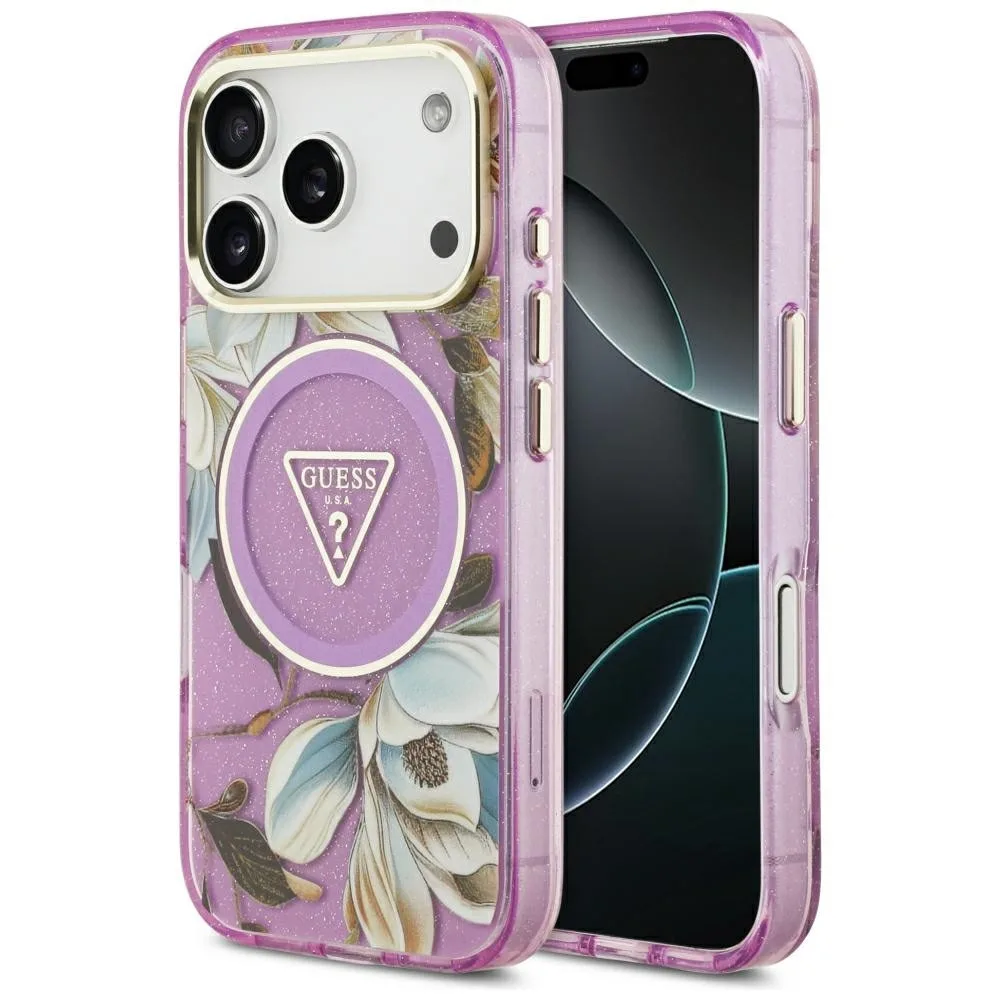Guess Iml Glitter Flowers Triangle Magsafe Case για iPhone 18 Pro / 17 Pro - Purple