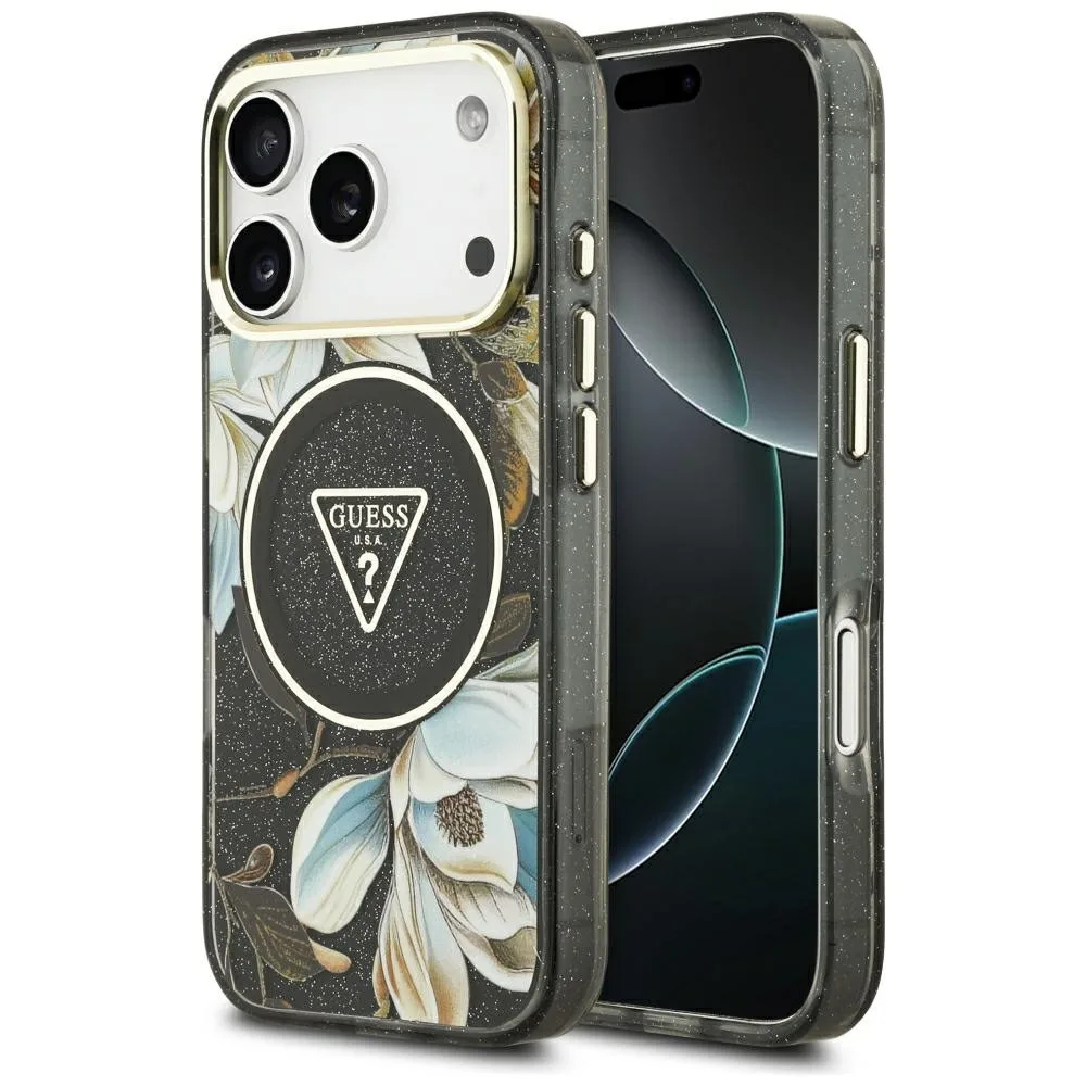 Guess Iml Glitter Flowers Triangle Magsafe Case για iPhone 18 Pro / 17 Pro - Black